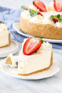 This easy no-bake cheesecake is smooth and creamy with a graham cracker crust. It has all the flavor of a traditional cheesecake but with way less effort.  #nobake #cheesecake #easy #simple #grahamcracker #grahamcrumb #summer #recipe #dessert from Just so Tasty