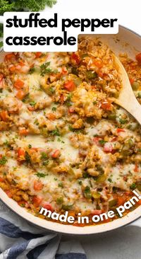 Stuffed Pepper Casserole features Italian sausage, peppers, salsa, rice and more cooked to perfection beneath a layer of gooey mozzarella cheese. It's a supremely satisfying dinner that's easy to make all in one pan! #dinner #recipe | easy dinner ideas | dinner recipes | italian sausage recipes | healthy dinner | one pan meals | rice casserole