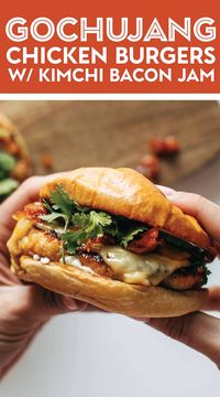 Gochujang Chicken Burgers with Kimchi Bacon Jam! Wow wow wow! These Gochujang Chicken Burgers are next-level good. And a perfectly sweet-spicy kimchi bacon jam piled high on top? Yes, please! #burger #kimchi #easyrecipe