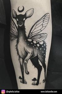 What actually makes tattoos dark feminine tattoos? It’s a combination of whimsical images that are quite creepy, just like this little deer. It’s dark, the shading is quite heavy, the face is scary, but the moon above adds a very mystic element.