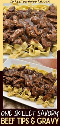 Try this savory beef tips and gravy tonight! This quick and easy dinner recipe comes together in one skillet. Serve over noodles, rice, or mashed potatoes for the ultimate comfort food idea!