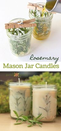 Rosemary Pressed Herb Mason Jar Candles DIY Project - Rosemary looks great in these candles, but you can also use herbs like thyme or lavender that are readily available in the garden, grocery store, or garden center. This project uses a mix of beeswax and soy wax, Mason jars, pressed rosemary leaves, and essential oils. These easy-to-make candles can be used as beautiful handmade gifts or a special treat for just you!