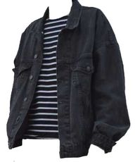 black jean jacket over a black and white striped tee shirt | ShopLook