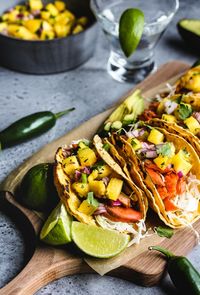 Image of the chili lime salmon tacos, with pineapple salsa