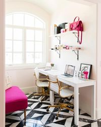 White and Hot Pink Office with Side By Side Desks