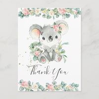 Say thank you with style with these chic pink floral greenery koala thank you postcard.  Featuring pretty watercolor pink floral, rustic eucalyptus leaves and a cute baby koala.   Personalize them with your own wordings easily and quickly, simply press the customise it button to further re-arrange and format the style and placement of the text.  Check out the matching items for this collection available in store! (c) The Happy Cat Studio