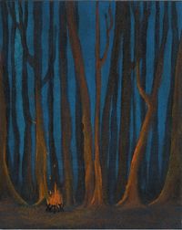 Nature Painting - "Cozy Campfire", Fire, Woods, Trees, Forest, Night