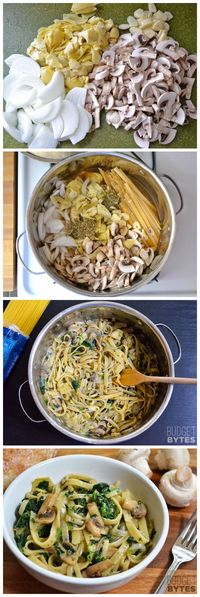 Spinach & Artichoke Wonderpot  Ingredients      8 oz. mushrooms  1 (14 oz.) can artichoke hearts  4 cloves garlic  1 medium yellow onion  5 cups vegetable broth  2 Tbsp olive oil  12 oz. fettuccine  1 tsp dried oregano  ½ tsp dried thyme  freshly cracked pepper (15-20 cranks)  4 oz. frozen cut spinach