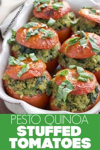 Vegan stuffed tomatoes are filled to the brim with a flavorful mixture of creamy basil quinoa and fresh spinach. This gluten-free and oil-free meal is a family favorite that you can make for an easy weeknight meal or special occasion!