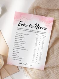 Ever or Never Game EDITABLE, Printable Birthday Girl Party Game, Rose Gold, Bridal Shower Game, Icebreaker Game, Never Have I Ever Game Card, Adult Party Games, Sweet 16 Games, Engagement Games, Teen Birthday Games, Bachelorette Game, 60th Birthday Games, 50th Birthday Games, 30th Birthday Games, 70th Birthday Games, INSTANT DOWNLOAD