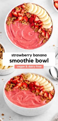 This strawberry banana smoothie bowl recipe is easy, healthy, vegan, and dairy-free! It's thick, creamy, and a healthy breakfast idea. The recipe is made with 4 ingredients including frozen bananas, strawberries, almond milk, and vanilla extract. Customize it with any smoothie add-ins and toppings. This strawberry breakfast is great for kids and summer! #strawberrybanana #smoothiebowl #smoothie #vegansmoothie #smoothierecipe #smoothiebowls #strawberries #strawberry #healthybreakfast