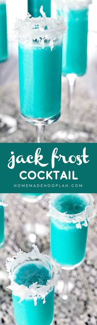 Jack Frost Cocktail! Winter's version of the piña colada! Blue curacao and shredded coconut help give this drink it's wintry flair. | HomemadeHooplah.com