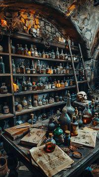 Ancient Apothecary Shelves: An old apothecary with shelves lined with vintage bottles, mysterious potions, and ancient recipe books. #apothecary #vintage #bottles #potions #ancient #aiart #aiphoto #stockcake ⬇️ Download and 📝 Prompt 👉 https://stockcake.com/i/ancient-apothecary-shelves_577835_930458