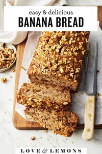 This easy banana bread recipe is the best way to use ripe bananas! It's moist, delicious, and studded with walnuts for crunch. Chocolate chips are great too!