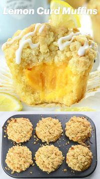 Lemon Curd Muffins with streusel crumb topping, drizzled with sweet glaze are generously filled with homemade lemon curd are easy dessert, breakfast or snack for true lemon lovers.  RECIPE HERE :  https://omgchocolatedesserts.com/lemon-curd-muffins/