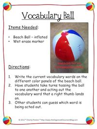 Spanish activities: This idea could be used to practice Spanish verbs - kids toss the ball to each other and act out the verb their thumb is touching. Spanish vocabulary could include: saltar, sentarse, correr, llorar, cantar, bostezar, bailar, etc. http://theorganizedclassroomblog.com/index.php/ocb-store/view_document/216-beach-theme-activities-sampler-pack