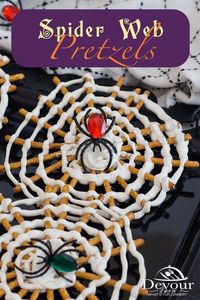 You don't want to get caught in this Spider Web, or do you? Making a fun and easy Halloween Pretzel Treat is so fun and you will love adding a creepy spider into the web of melted white candy wafers on pretzel sticks for a fun Halloween Treat. | halloween pretzel spider web | pretzel spider web halloween treats | halloween chocolate pretzel spider webs | halloween pretzel treats ideas | halloween pretzel treats for kids | halloween pretzel treats easy