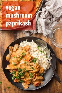 This creamy vegan paprikash substitutes mushrooms for meat! Made with peppers and onions in a smoky cashew-based paprika sauce, this will be your new favorite comfort food meal. #veganrecipes #dairyfree #vegandinner