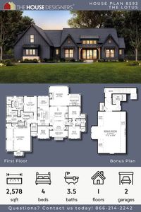 House Plan 8593 is a beautiful one-story farmhouse with gables and plenty of brightening windows that give it a chic modern look.