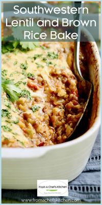 Southwestern Lentil and Brown Rice Bake is cheesy, delicious meatless comfort food even a carnivore will love and is super easy to prepare!  Simply combine everything in a baking dish, pop it in the oven and let it bake away while you do other things.