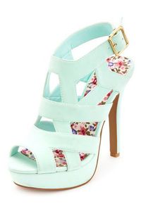 Gorgeous Mint Heels These mint high heels are just adorable with back buckle closure and floral printed sole. Cute caged design gives a gorgeous look.