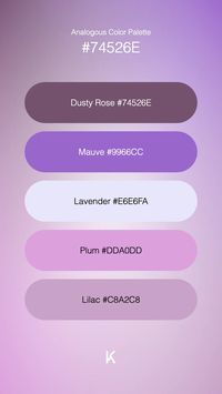 Analogous Color Palette Dusty Rose #74526E · Mauve #9966CC · Lavender #E6E6FA · Plum #DDA0DD · Lilac #C8A2C8 · Dusty Rose #74526e: A soft, romantic whisper of faded elegance and gentle warmth. ·  #BlushMauve #Color #ColorPalette #DustyRose #Hex #OldRose #RoseDust #VintageRose · Kid’s Pattern