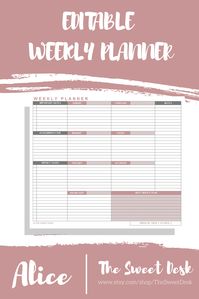 Printable and editable weekly planner made with Microsoft Excel. Plan your entire week with this easy to use planner available to download from TheSweetDesk on Etsy.