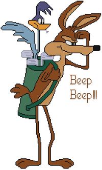 This is Road Runner in Wile E. Coyote's golf bag. He's got the tee in his mouth. I wonder what Wile is thinking?
This pattern comes printed on 4 pages which is 13 squares printed per inch of paper.
This pattern is 138 X 229 Stitches (Squares)
This pattern uses only 11 colors.