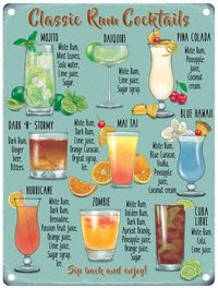 Classic Rum Cocktails Metal Sign Perfect for any home or Bar 9 fabulous recipes comes with pre drilled holes for easy hanging Size 15cm x 20cm