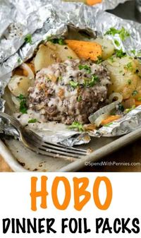 Hobo Dinner Packs combine lean beef, tender seasoned veggies and a simple gravy to create a simple meal cooked to tender perfection! #spendwithpennies #hobodinnerfoilpacks #foilpacks #hobopacks #easydinnerrecipe #dinner #easyfoilpackrecipe #hobodinnerpacks