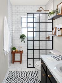 This DIY bathroom remodel features a doorless shower, redone tile, and a gorgeous black and white theme. #remodel #bathroomideas #blackandwhitebathroom #diy #bhg