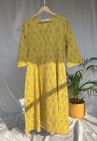 Yellow Dabu Slub Cotton Kali Kurta.