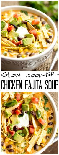 This Slow Cooker Chicken Fajita Soup takes 5 minutes to throw into the crockpot and will be the best and creamiest chicken fajita soup you will ever have!