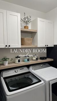 Jaymee Izon | Home + DIY on Instagram: "Our DIY laundry room makeover is finally done! 🙌🏼 Comment “LINK” to shop my laundry organization! We removed our builder grade shelf and added much needed storage! This is what I always envisioned before moving into our home and we finally brought it to life. 🥹 Details - • Shelves are from @ultra_shelf. Color is antique oak with a white oak finish (gifted) • Cabinets are the Ehnet wall cabinets from @ikeausa • Paint color: Sherwin Williams Tricorn Black • Laundry organization and cabinet knobs are on my Amazon storefront under ‘Laundry Room’ - click the link in my bio! 💕 #ultrashelf #amazonfinds #founditonamazon #amazonhome #amazonbestseller #amazondeals #amazonfavorites #laundryorganization #laundryroom #laundryroommakeover #diy #diyprojects #