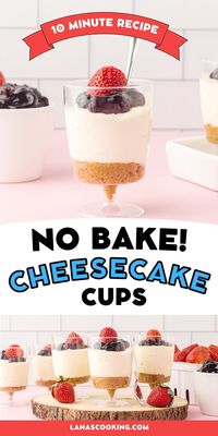 These mini No Bake Cheesecake Cups are a great choice for any occasion from a family dinner to a buffet style party. They use basic ingredients and take just 10 minutes of prep time. The hardest part of this recipe is waiting for the cheesecakes to chill!