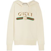 Gucci Embroidered cotton-jersey hooded top ($1,715) ❤ liked on Polyvore featuring tops, hoodies, gucci, white, logo top, dog hoodie, embroidery top and dog hoodies