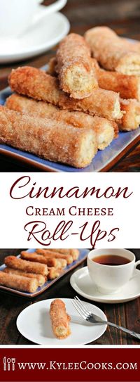 This Baked Cinnamon Cream Cheese Roll-Ups recipe is a simple process that yields an amazing churro-like breakfast treat. 20 minutes in the oven (if you can wait that long) to dig in to these! via @kyleecooks