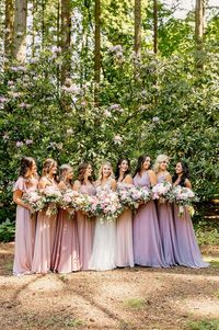 Loved these Pink and purple bridesmaids dresses at this Portland Oregon Wedding at The Grotto.