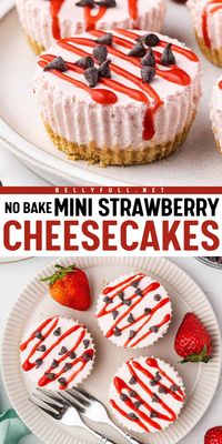 These No Bake Mini Strawberry Cheesecakes are sweet and tart with a smooth, creamy, and light texture. Freezing before serving makes them super easy to eat and the perfect cool bite-size summer dessert!