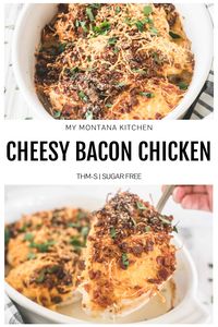 This easy chicken with bacon and cheese couldn’t be any easier! Juicy and tender chicken smothered in melty cheese and crispy bacon. This is a recipe that comes together in 5 minutes, and it makes a great weeknight dinner recipe! 