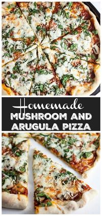 This Homemade Mushroom and Arugula Pizza is one of the best fresh and healthy vegetarian pizza recipes out there! It's got an easy homemade dough, toppings like fresh mushrooms and arugula, and finished with zesty Romano cheese and chili flakes. You can use any type of mushroom you like from crimini to Portobello. This veggie Italian pizza feels gourmet but is great for weeknight dinners or easy meals. It's full of summer flavors! #pizza #arugula #mushroom #vegetarian #Italian #recipes #homemade