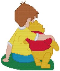 This is Christopher Robin and Winnie the Pooh enjoying each other's company. 
This pattern comes printed on 1 page which is 13 squares printed per inch of paper.
This pattern is 94 X 112 Stitches (Squares)
This pattern uses only 9 colors.