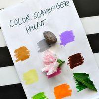 A paper bag with colored squares provides the basis for a color-scavenger hunt. Some matching items have already been found. The project is a Good Housekeeping pick for best activities for kids.