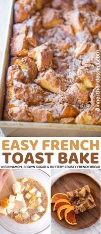 Easy French Toast Bake with no overnight chilling has cinnamon, brown sugar, and buttery French bread perfect for your family or a crowd. Perfect for a special holiday breakfast.