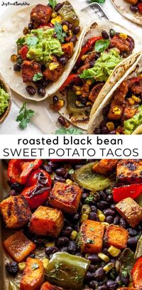 These healthy black bean sweet potato tacos are the best vegetarian tacos ever. Sweet potatoes and vegetables are perfectly spiced and roasted, then tossed with a honey, lime cilantro mixture for the most flavorful and delicious tacos. Taco night isn't complete without this sweet potato taco recipe!