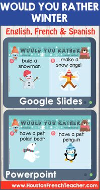 Who doesn't like a "Would you rather?" activity! Here is the special edition for WINTER Would you rather!Your students would have so much fun answering those questions! #holidaygames #seasonalproducts #Englishlanguageresources #Decemberresources #Januaryresources #Februaryresources