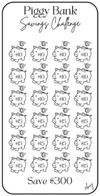 The Piggy Bank Savings Challenge. This savings challenge is designed to help you save an additional $300. You can decide on what to do with this savings...put it towards debt, fund another savings challenge, etc.. Cash stuff the dollar amount, color to track your progress and watch your savings tracker come to life! Happy Savings! Printing Info: *Digital Download  *This is printed on 8.5 x 11 inch US letter size  *Once printed, cut and place inside your A6 envelope *Color will vary depending on ink and printer Disclaimer: This is a PDF Digital Download. No physical product will be mailed to you. Digital Download will be available once payment has been confirmed and purchase has been completed. This printable is for personal use only, not to be copied or resold. There are no refunds, cancel