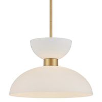 When the lights are switched off, it can be hard to tell that the top and bottom cup-shaped shades of the Zevio White Pendant are made of different materials. Ian Thornton designed the fixture with its frosted glass shade on the bottom and steel shade in a white finish on the top. The circlet that clinches these as they transition and the clean-lined stem from which the pendant hangs are contrasting elements made of brass-toned metal.