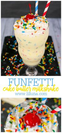 This easy soda shop style funfetti cake batter milkshake is perfect for celebrations and enjoying on a hot summer day! #funfetticakebattermilkshake #cakebatter #funfetticakebattermilkshake #milkshakerecipe #funfetticake