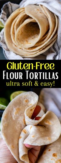 Enjoy gluten free flour tortillas again! This easy, dairy-free, vegan recipe makes not only soft, flexible tortilla shells perfect for tacos, wraps, and more, but has an authentic taste everyone will love! They only use 4 ingredients and are ready in 30 minutes!